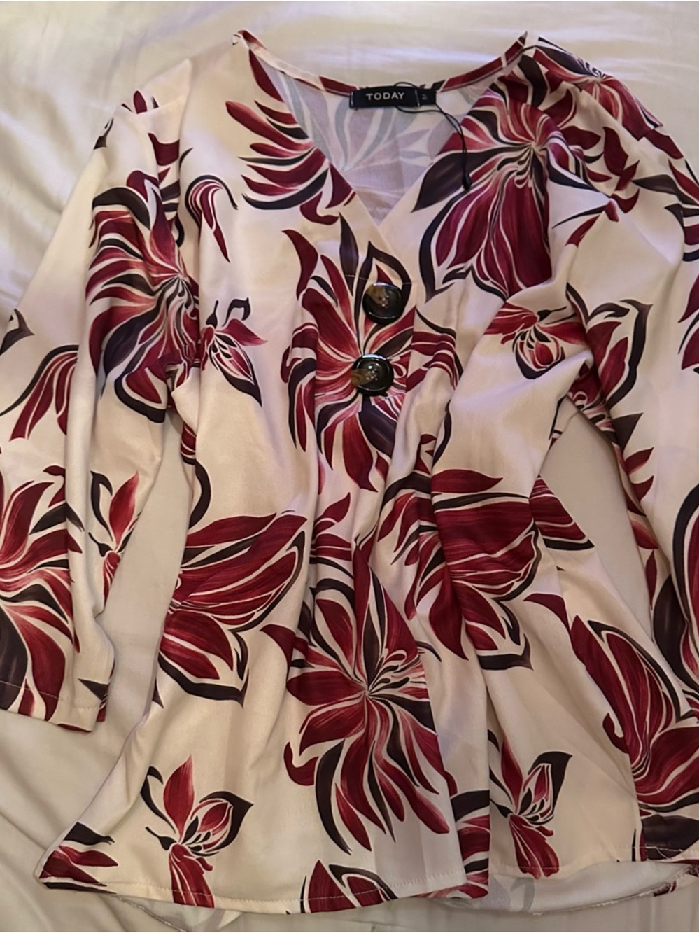 Floral V-Neck Long Sleeve Blouse in Cream and Burgundy